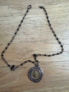 Black Beaded Necklace with Gold Coin Pendant